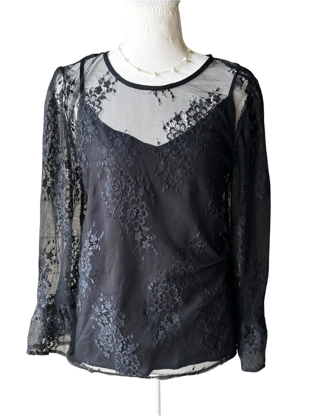 Who What Wear Black Lace Sheer Long-Sleeve Top